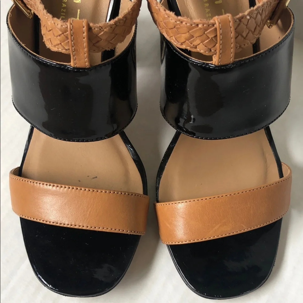 Tabita Brazil Patent leather Block Heel Sandals Black and Tan Size 8